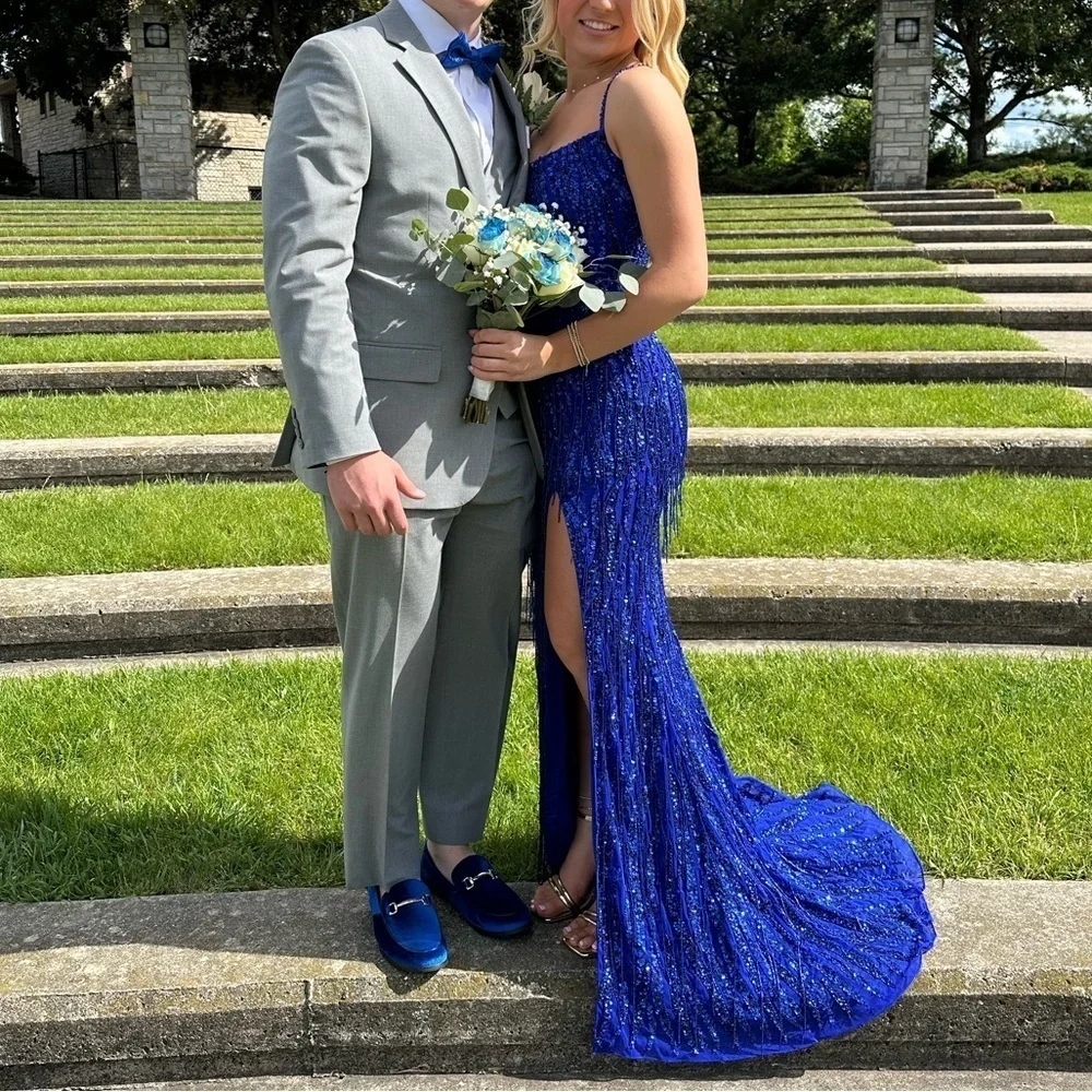 Amarra Cobalt Blue Beaded Dangles Spaghetti Strap Gown Women’s Size 2 Prom Dress - Picture 7 of 15